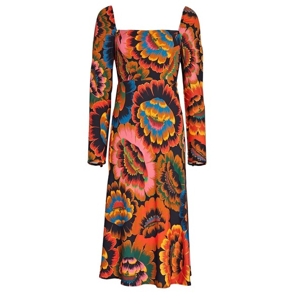 Farm Rio Colorful Flower Midi Dress S M Long Sleeve Smock Floral Bead Squareneck - Picture 7 of 7